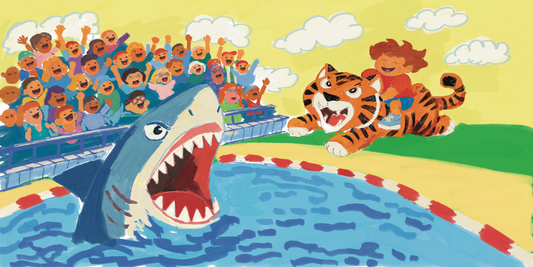 A boy riding a tiger jumping a shark
